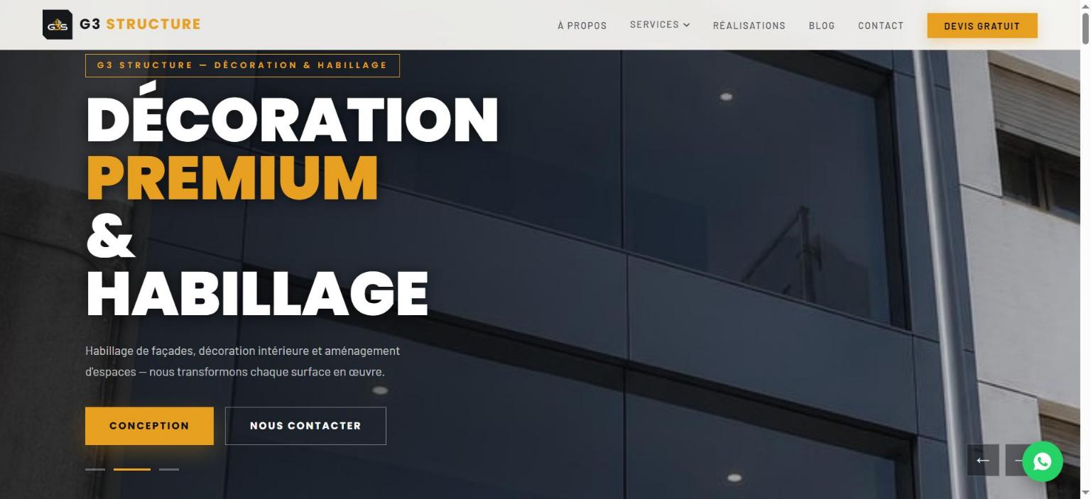 Site web de G3 Structure, pergolas bioclimatiques et habillage